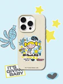 THE POWERPUFF GIRLS X SHEIN The Powerpuff Girls Bubbles 卡通貼紙拼貼圖案 星星兔子章魚麥克風音符愛心字母元素 皮革紋理白色親膚防震防摔保護手機殼，適用於 Apple iPhone 13/14/15/15Pro/16/16Pro/17Pro，熱銷日常美學保護殼 - 彩色 - 查看 2