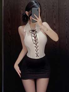 Dansine 性感夜总会秘书紧身裙女式吊带制服诱惑套装 - 白色 - 查看 4