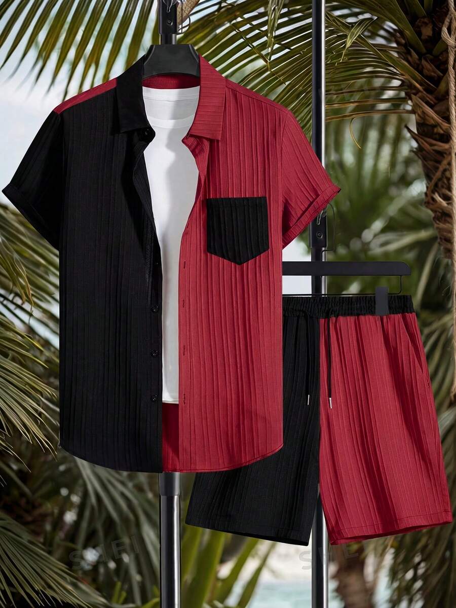 Manfinity Swimmode 男士撞色单排扣短袖上衣和短裤休闲度假沙滩套装 - 酒紅色 - 查看 1
