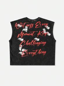 ROMWE MEN Street Life Tank Top Pria dengan Motif Usang dan Dekorasi Rivet, Potongan Longgar - Hitam - View 2
