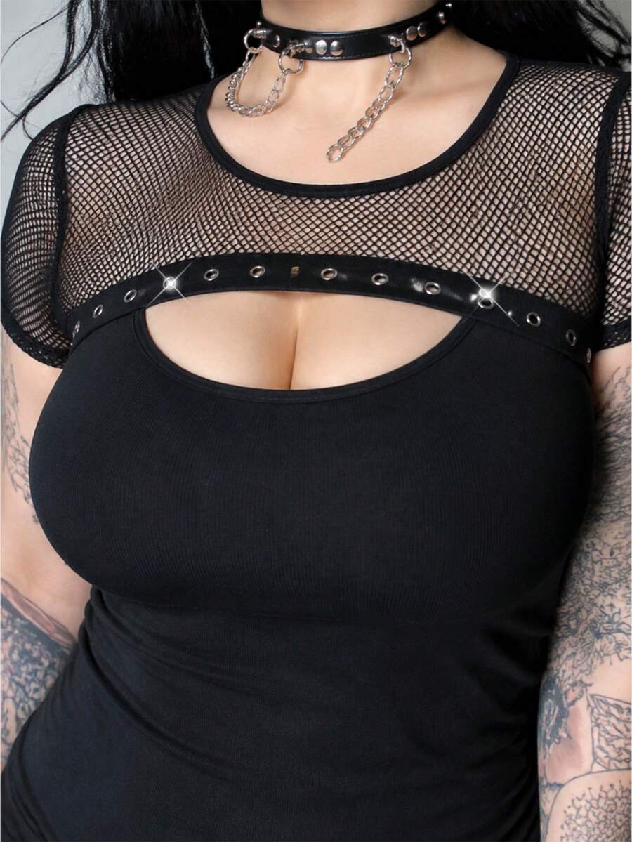 ROMWE Grunge Punk Festival Wear Plus Size Women's Punk Style Mesh Patchwork Perforated Design Short Sleeve T-Shirt, Summer - Black - View 1