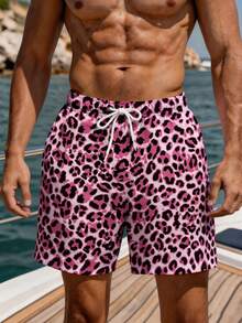 Manfinity Swimmode 男款抽繩腰豹紋休閒度假沙灘短褲 - 紅色 - 查看 6