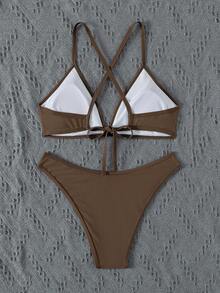Swim Vcay Women's Summer Beach Solid Color Halter Neck Tie Sexy Bikini And Triangle Bottoms Two-Piece Swimsuit Set - Brown - View 6