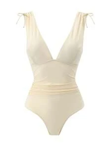 Swim Vcay 女款一件式抽繩深V領無鋼圈比基尼泳衣 - 米色 - 查看 8