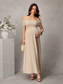 Momance -D Women's Solid Color Off-Shoulder Ruffle Embroidered Maternity Dress, Suitable For Spring/Summer Vacation/Casual Wear - Khaki - View 5