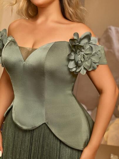 Glamrae Plus Size Elegant Dark Green Off-Shoulder Exaggerated 3D Flower Mesh Extra Long Draped Asymmetrical Waist Satin Patchwork Luxurious Tassel Mermaid Evening Gown For Date, Vacation, Bachelorette Party, Holiday, Wedding, Event, Heavy Embellished Dinner