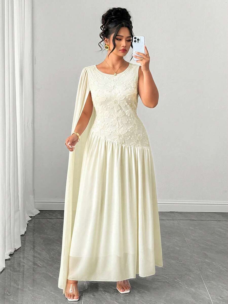 Elenzga Plus Size Women's Floral Sequin Round Neck Pleated Elegant Dress - Beige - View 1