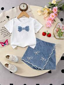SHEIN Elladie kids 女童2件組春夏套裝，圓領針織T恤與牛仔裙褲，刺繡與撞色工藝，休閒可愛櫻桃刺繡設計，短袖短褲套裝 - 白色 - 查看 4