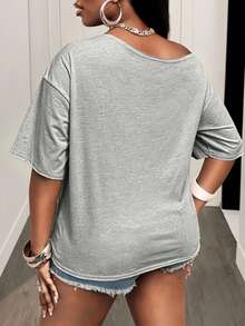 BamGleam 女款純色不對稱肩休閒性感街頭風百搭日常出遊夜店 T-shirt 灰色夏季 - 淺灰色 - 查看 3