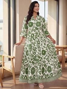 Auveirra Große Größen Damen Kleid mit Blume Muster, weitem Ärmel und Rüschensaum für den Strand - Verschiedenfarbig - Übersicht 7