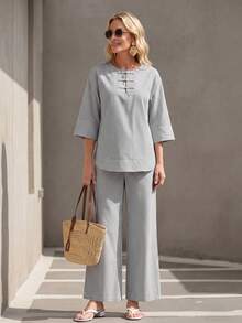 Faunlyn Conjunto de 2 piezas de top y pantalones a rayas casual para vacaciones de mujer - Multicolor - Ver 6