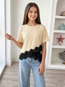 Tween Girls T-Shirt, Round Neck T-Shirt With Lace Trim Hem, Casual Versatile Comfortable, Perfect For Daily, Outings, School And Other Occasions - Apricot - View 1