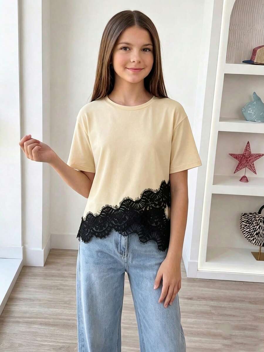 Tween Girls T-Shirt, Round Neck T-Shirt With Lace Trim Hem, Casual Versatile Comfortable, Perfect For Daily, Outings, School And Other Occasions - Apricot - View 1