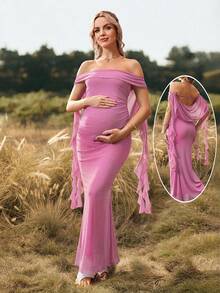 Cheriluna Maternity 纯色露肩露背孕妇长裙，适合圣诞派对、优雅派对、迎婴派对等场合。 - 玫紅色 - 查看 1