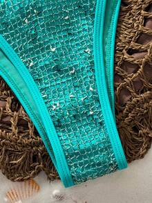 Swim Vcay 2026 Spring/Summer New Lake Blue Glitter Mesh Bikini Set, Adjustable Thin Shoulder Straps, Bandeau Top With Side Ties, High Cut Triangle Bottoms, Sexy Vacation Beach Two-Piece Swimsuit Set - Mint Blue - View 6