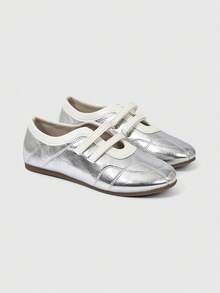 ROMWE Grunge Punk 女款豹紋扣飾平底芭蕾舞鞋 布面鞋面 單腳套樂福鞋 瑪麗珍鞋 - 銀白色 - 查看 5