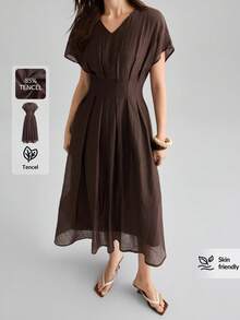 Ontre Lyocell Fabric Women's Comfortable V-Neck Slightly Wide Design Cinched Waist Full Skirt Vacation Elegant Tea Party Summer Dark Brown - Brown - View 6