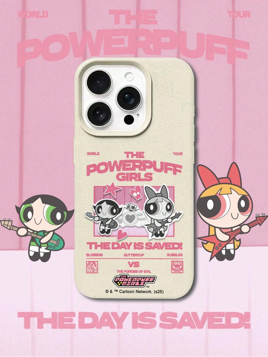 THE POWERPUFF GIRLS X SHEIN 飛天小女警 Blossom Buttercup 搖滾吉他卡通圖案 星星愛心字母印花 皮革紋白色 親膚防震防摔手機保護殼,適用於 Apple iPhone 13/14/15/15Pro/16/16Pro/17Pro,熱銷日常美學手機殼 - 彩色 - 查看 1