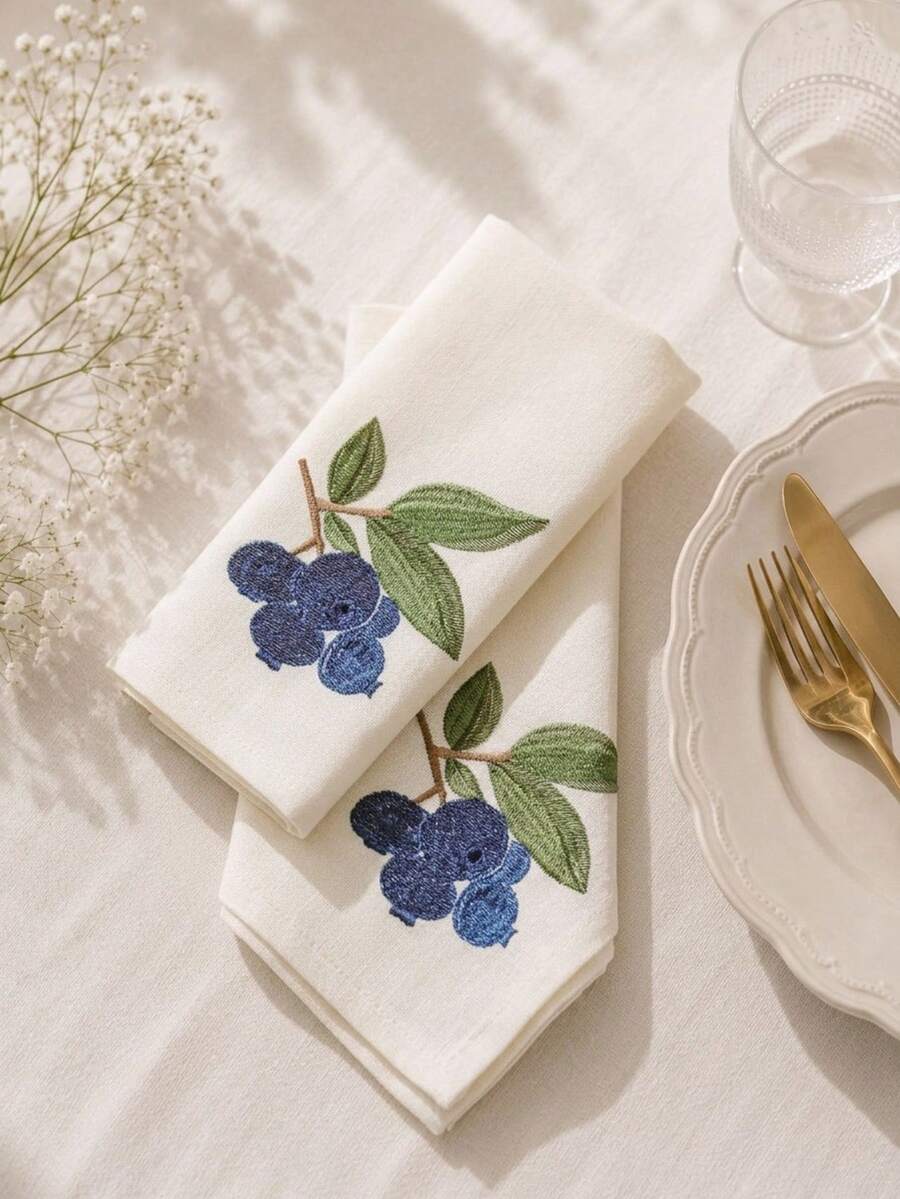 Cirelle 1/2/4入組復古藍莓刺繡布餐巾,米色棉麻可重複使用布餐巾,多用途晚餐餐巾/餐墊,適用於廚房餐桌、節日、派對、婚禮、農舍風格用餐與居家裝飾 - 藏蓝色 - 查看 1