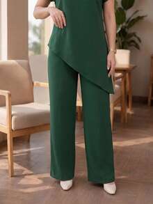 Auveirra 2025 New Plus Size Women Dark Green Solid Loose Asymmetric Hem Elegant Blouse Winter Valentine's Day New Year Party Green Wedding Guest Batwing Sleeve Top Fall Women Green Elegant Top - Dark Green - View 6