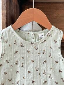 SHEIN 2件組女嬰時尚可愛提花面料上衣與長褲套裝，適合春夏、室內、戶外、度假、海灘、日常穿著 - 綠色 - 查看 5