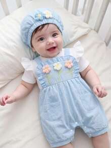 SHEIN Playful Pals 女嬰夏季時尚新款可愛3D花朵刺繡荷葉袖綠色連身褲與帽子2件組 - 藍色 - 查看 7