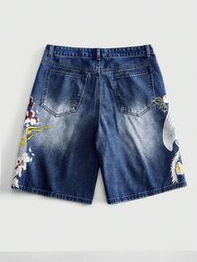 ROMWE MEN Pantalones cortos de mezclilla holgados con patrón bordado para hombres - Azul - Ver 3