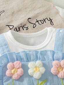 SHEIN Playful Pals 女嬰夏季時尚新款可愛3D花朵刺繡荷葉袖綠色連身褲與帽子2件組 - 藍色 - 查看 5