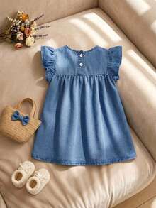 Girls' New Blue Washed Casual Loose Ruffle Sleeve Denim Dress, Sweet Fashion Floral Embroidery, Comfortable Pleated Hem Design, Versatile Simple, Suitable For Daily Wear - Light Wash - View 3