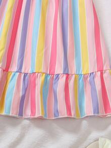 Vestido casual de moda para niñas con estampado floral elegante, cuello redondo, mangas volantes, abertura en la espalda, lazo 3D, cintura definida y dobladillo con volantes, adecuado para vacaciones y viajes, vestido de verano para niñas - Multicolor - Ver 7