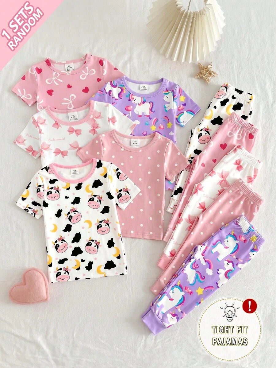 [Randomly Sent 1 Set]Baby Girl Spring/Autumn Bow Heart Polka Dot Short Sleeve Long Pants Pajama Set, Sweet Princess Style, Knitted Fabric, Comfortable Soft Fitted Home Wear 2-Piece Set - Pink - View 1