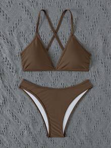 Swim Vcay Women's Summer Beach Solid Color Halter Neck Tie Sexy Bikini And Triangle Bottoms Two-Piece Swimsuit Set - Brown - View 2