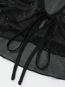 SHEIN Clasi CURVE 女款荷葉邊綁帶喇叭袖亮面半透明材質優雅性感派對雞尾酒會日常通勤休閒時尚度假黑色秋季開襟衫 - 黑色 - 查看 6