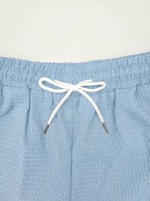 Manfinity Swimmode 男士夏季休闲度假通勤纯色华夫格短袖衬衫和抽绳腰短裤沙滩套装 - 藍色 - 查看 7
