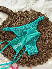 Swim Vcay 2026 Spring/Summer New Lake Blue Glitter Mesh Bikini Set, Adjustable Thin Shoulder Straps, Bandeau Top With Side Ties, High Cut Triangle Bottoms, Sexy Vacation Beach Two-Piece Swimsuit Set - Mint Blue - View 2