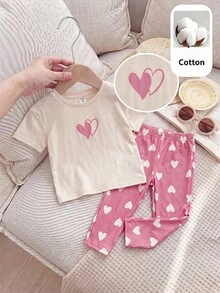 SHEIN 2件套 女童爱心图案针织宽松休闲圆领T恤和爱心装饰裤套装 - 彩色 - 查看 6
