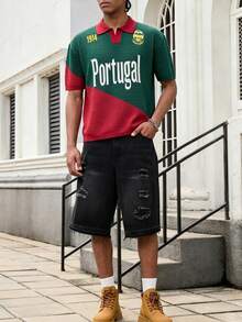 GALLERY FADE Men's Letter Pattern Colorblock Casual Versatile Daily Travel Knit Top - Dark Green - View 5