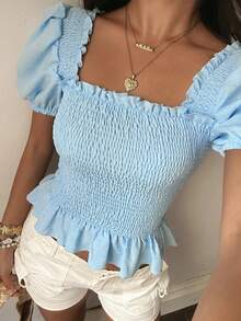Sunnyshic Blouse courte bleu clair à col carré, volants, manches bouffantes et taille froncée - Bleu ciel - Voir 3