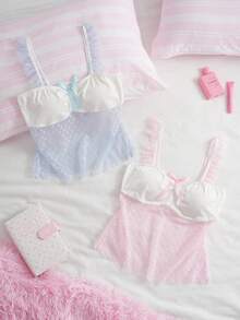 SweetSlumber Sweet Ins Polka Dot Mesh Ruffle Bow Decor Patchwork Knit Fabric Women's Pajama Top 2pcs Set - Multicolor - View 1