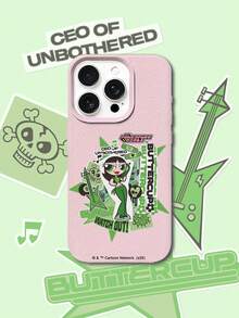 THE POWERPUFF GIRLS X SHEIN The Powerpuff Girls 辣妹 Buttercup 卡通貼紙拼貼圖案 星星 吉他 骷髏 繃帶 音符 字母元素 皮革紋理 粉色 親膚 防震 防摔 保護手機殼，適用於 Apple iPhone 13/14/15/15Pro/16/16Pro/17Pro，熱銷日常美學保護殼 - 彩色 - 查看 2