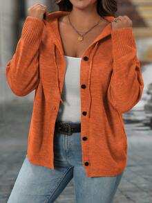 SHEIN LUNE Plus Size Women's Solid Color Drawstring Hooded Single-Breasted Casual Versatile Daily Outing Cardigan - Orange - View 1
