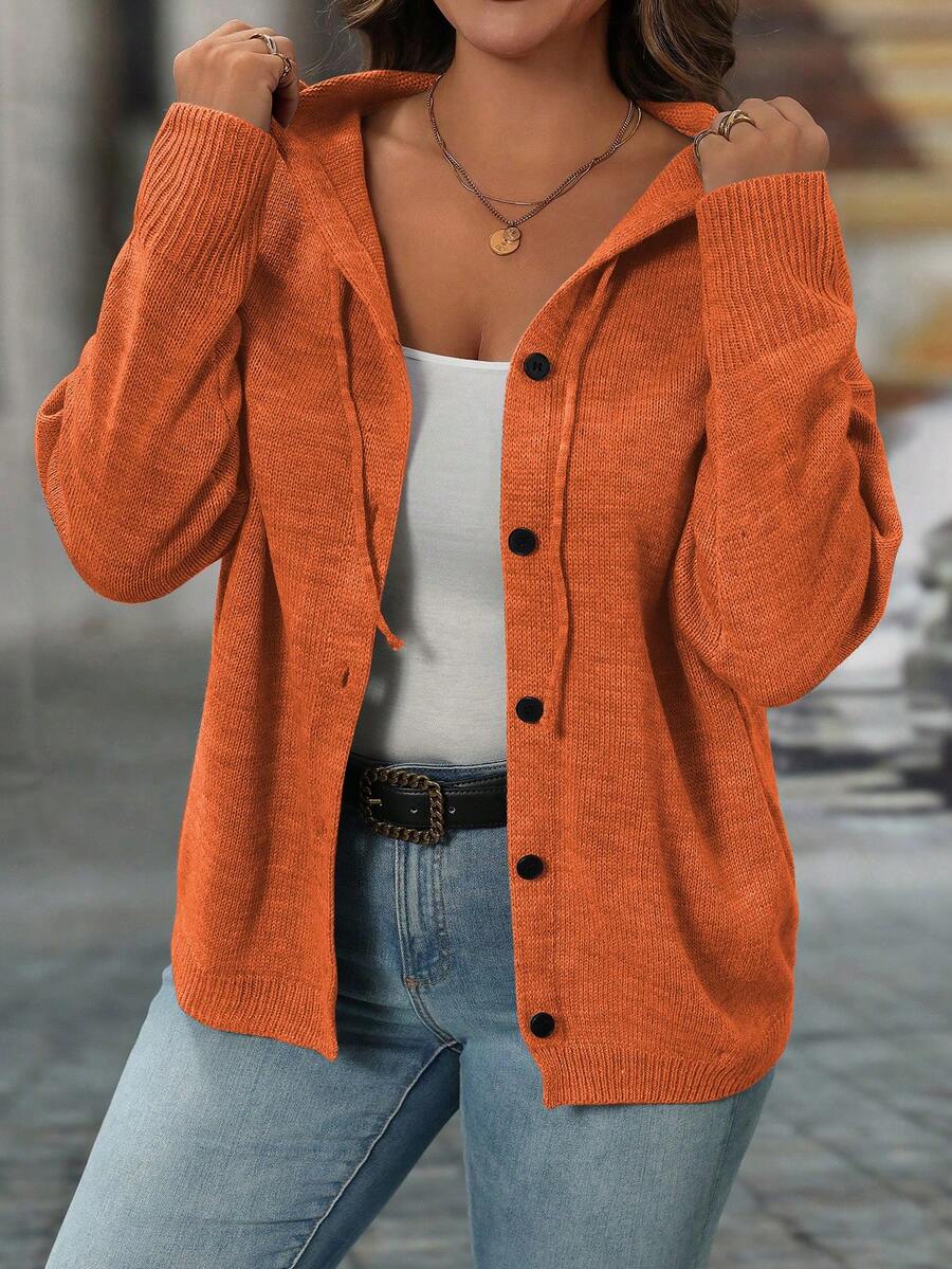 SHEIN LUNE Plus Size Women's Solid Color Drawstring Hooded Single-Breasted Casual Versatile Daily Outing Cardigan - Orange - View 1
