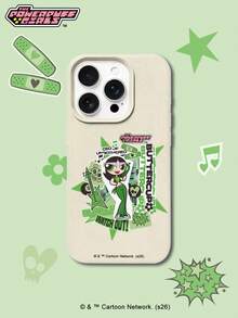 THE POWERPUFF GIRLS X SHEIN The Powerpuff Girls 辣妹 Buttercup 卡通貼紙拼貼圖案 星星吉他骷髏音符字母元素 皮革紋理白色親膚防震防摔保護手機殼，適用於 Apple iPhone 13/14/15/15Pro/16/16Pro/17Pro，熱銷日常美學保護殼 - 彩色 - 查看 3