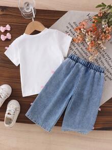 SHEIN Playful Pals 嬰兒/幼兒(女孩)白色針織短袖T恤上衣與藍色長褲蝴蝶結套裝，時尚女孩休閒蝴蝶結套裝 - 白色 - 查看 3