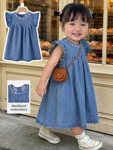 Girls' New Blue Washed Casual Loose Ruffle Sleeve Denim Dress, Sweet Fashion Floral Embroidery, Comfortable Pleated Hem Design, Versatile Simple, Suitable For Daily Wear - Light Wash - View 9