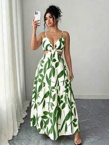 SHEIN Clasi 大尺碼夏季性感熱帶波西米亞風米白色綠葉印花露背細肩帶深V洋裝，適合海灘度假與度假村 - 綠色 - 查看 4