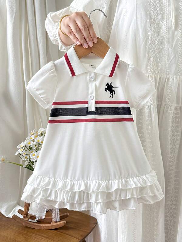 SHEIN Summer Baby Girl Knitted Polo Collar Short Sleeve Casual Sports Cute Cream Yellow Straight Dress Rainbow All-Over Print Hem Ruffle Ruched Design