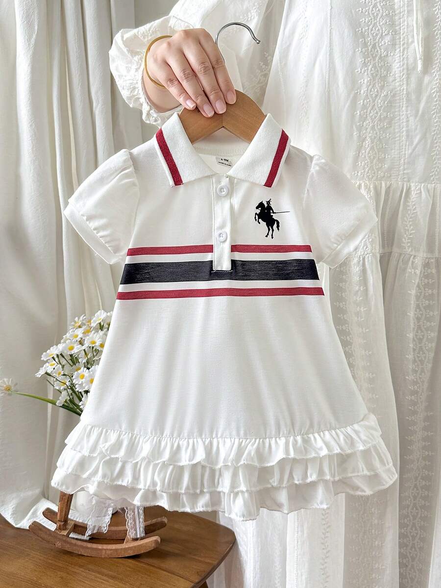 SHEIN Gaun Rajut Polo Lengan Pendek Kasual Olahraga Lucu Warna Krem Kuning untuk Bayi Perempuan Musim Panas dengan Motif Pelangi di Seluruh Permukaan dan Desain Berkerut di Bagian Bawah