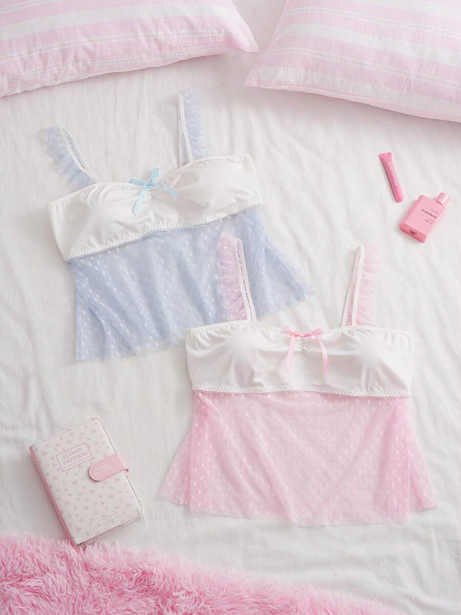 Slumberry CURVE Sweet Ins Polka Dot Mesh Ruffle Bow Decor Patchwork Knit Fabric Plus Size Women's Pajama Top 2pcs - Multicolor - View 1