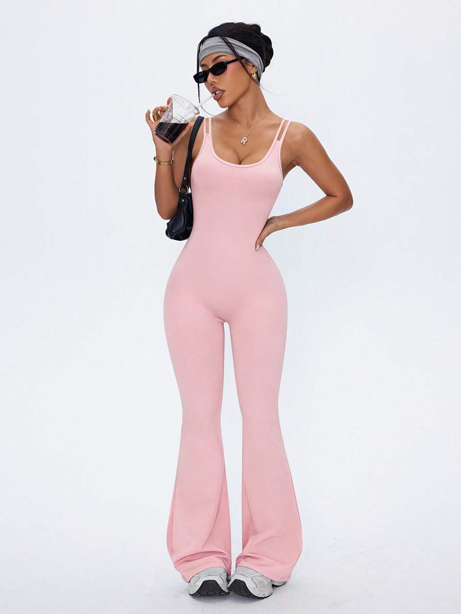 SHEIN Sports Jumpsuit Olahraga Wanita Manis Polos Seksi Model Mengembang - Baby Pink - View 1